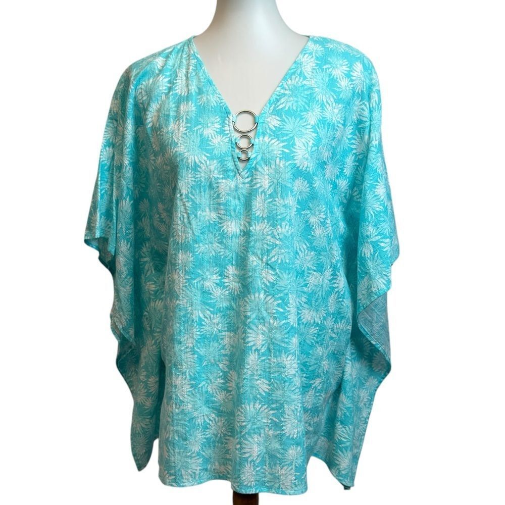 MICHAEL Michael Kors Turquoise With White Floral Print Caftan Top NWT